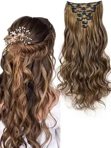 7-Piece Hair Extension Set, 18-Inch Long Wavy Clip-In Extensions, Synthetic Fiber, Multi-Style Party Use, Thick Wave Clips for Women