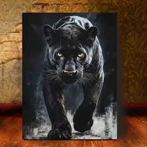 Fashion Black Panther Canvas Wall Art with Wooden Frame - 29.97x 39.88cm , Realistic Animal Portrait for Bedroom, Kitchen, Office, Bar and Farmhouse Decoration, Hangable Home Decor, Animal Wall Art, Animal Design, Perfect for Room Decoration 2D Flat