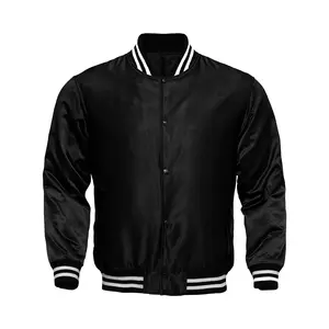 Deckra Men's Satin Varsity Jacket - Handmade Long-Sleeve Menswear Coat, Stylish Plain Black Casual Original Design with Pocket, Polyester Fabric