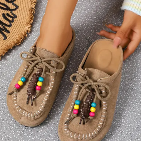 2026 New Women's Round-Toe Cork suede Clog Mules –Boho Beaded Suede Tassel Mules – Women’s Vintage Slip-On Clogs with Arch Support, Soft Cork Sole, and Colorful Beads – Cozy Fall Flats for Walking & Home Walking Shoes