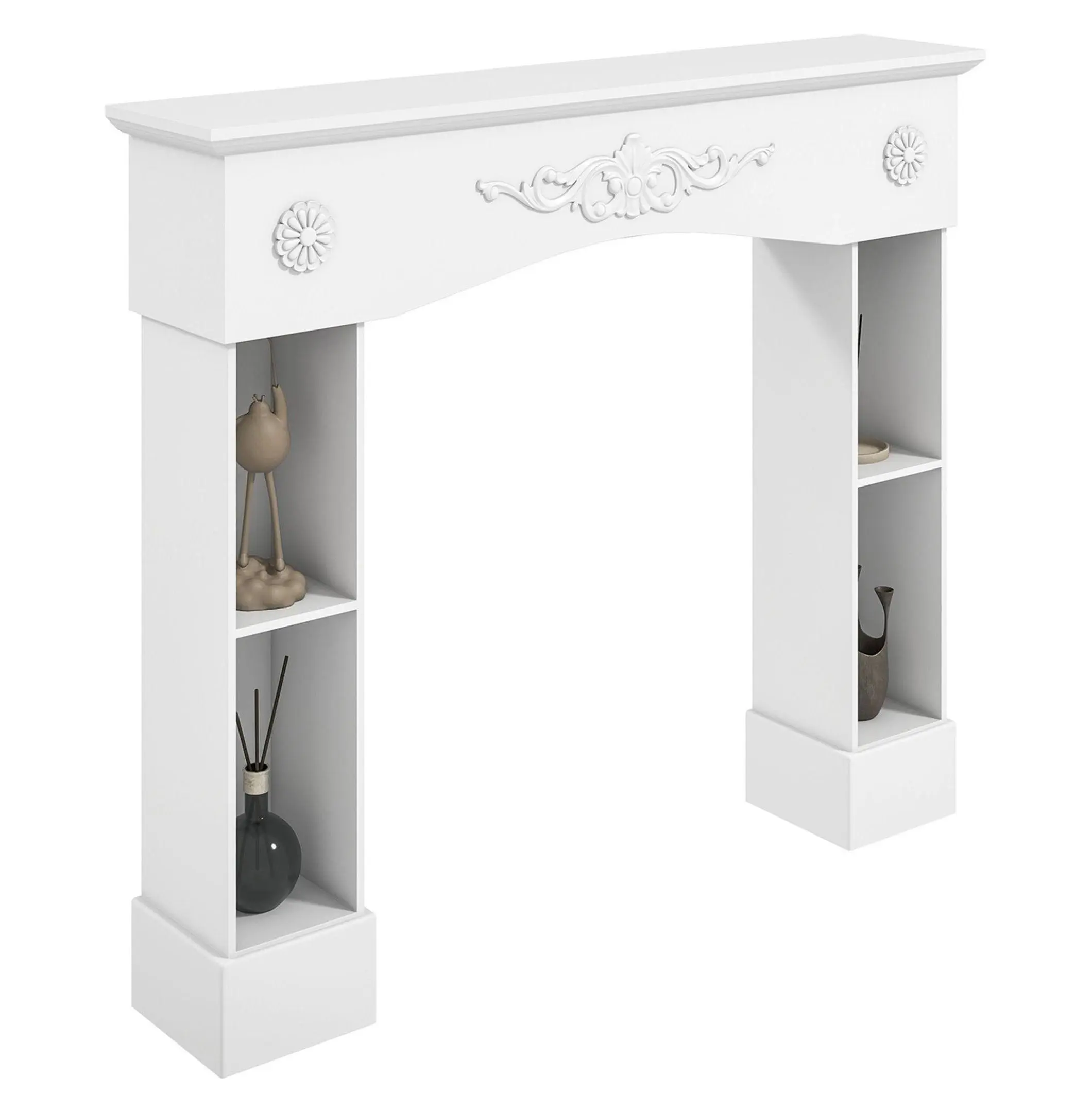 Baroque Fireplace Mantel, 45.3" Electric Fireplace Surround, Freestanding Mantelpiece with Legs, White Finish, Decorative Fireplace Shelf with Storage Default Title