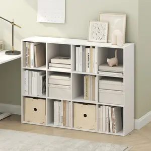 PELLI Bookcase, 12-Cube Bookshelf, Cube Storage Bookcase, 11.7 x 47.6 x 36, for Living Room Bedroom Home Office, White
