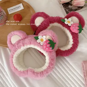 Cute Pink Strawberry Bear Spa Headband  Soft Face Wash & Skincare Hairband for Women
