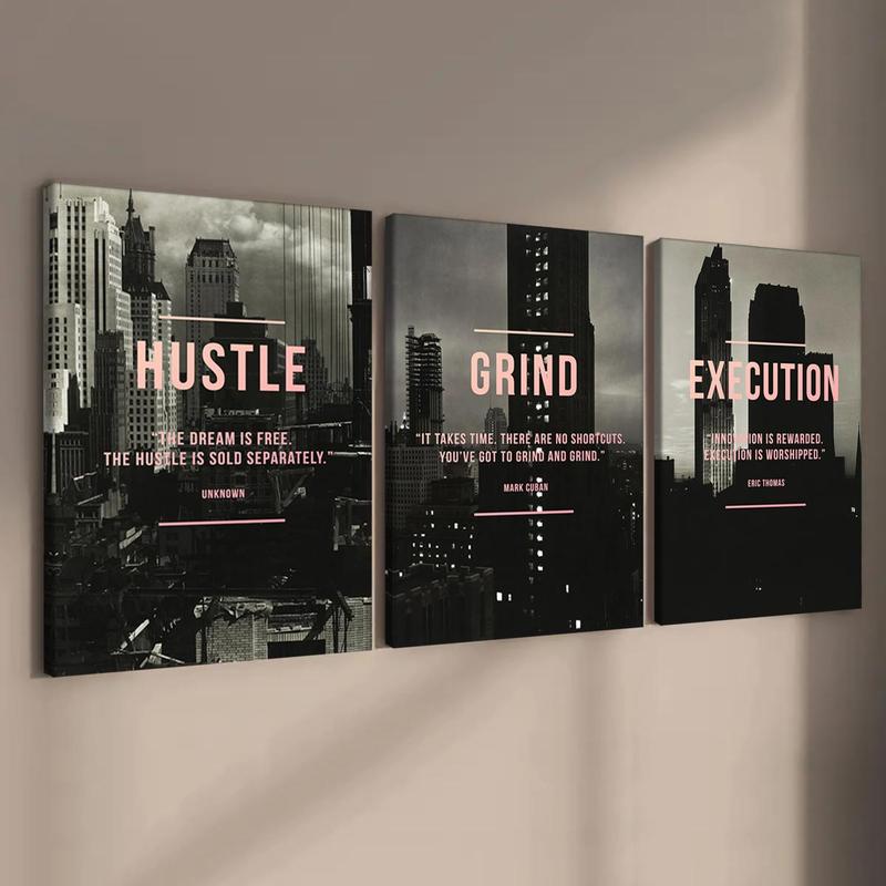 Wooden Framed Canvas Painting, 3 Counts/set Urban Inspirational Letter Decorative Painting, Modern Art Poster for Office Home Dormitory Dining Room Bar, Wooden Wall Art