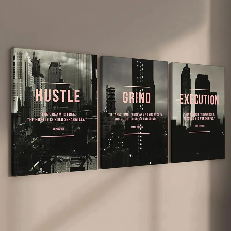 Wooden Framed Canvas Painting, 3 Counts/set Urban Inspirational Letter Decorative Painting, Modern Art Poster for Office Home Dormitory Dining Room Bar, Wooden Wall Art