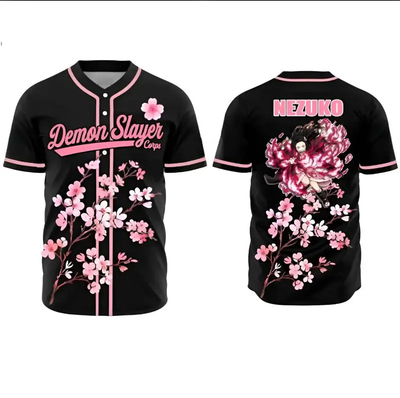 AniBase Club Nezuko Cherry Blossom Demon Slayer Baseball Jersey Anime Cosplay Unisex Shirt Kimetsu No Yaiba Otaku Gift for Fans Athletic Workout Tops