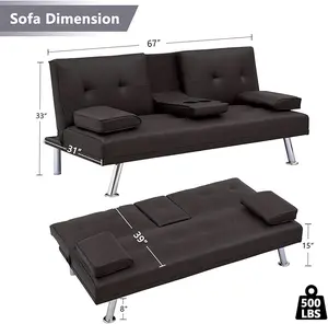 MEGA,modern futon sofa bed, faux leather upholstered sofa couch, convertible sleeper sofa with removable armrests, 2 cup holders, sofa sleeper for small spaces, home, living room, apartment sofa and