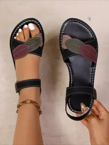 Soft Non-slip Color-block Leaf Sandals, Fashionable Sling Sandals, Magic Tape One-strap Design, Wide Feet Friendly Vacation-style Flat Sandals