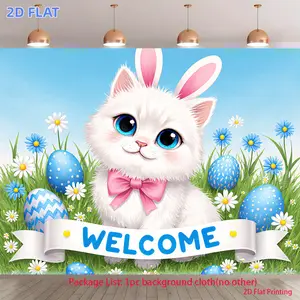 1pc 2D Flat Banner, A Flat 2D Banner Featuring a Single White Cat with Bunny Ears, Printed with Technology. This Backdrop Is Ideal for Parties And Festivals, Offering an Excellent Background Fabric, High Definiti