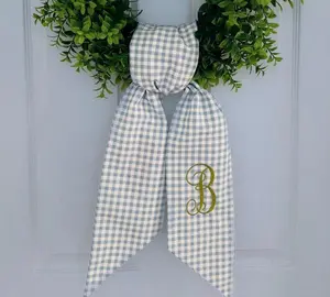 Spring Blue Gingham Plaid Monogrammed Wreath Sash For Front Door - Personalized Embroidered Easter Home Decor