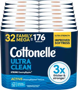Cottonelle Ultra Clean Toilet Paper with Active CleaningRipples Texture, 32 Family Mega Rolls Equals 176 Regular Rolls, Strong Septic Safe Bath Tissue, Premium Toilet Paper for Home and Family Use, Pack of 8 (4 Rolls Each)