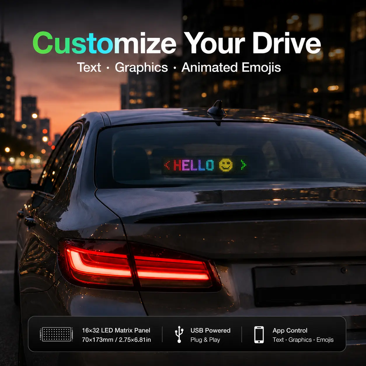16x32 Pixels Flexible LED Car Rear Windshield Electronic Sign, Automotive Decoration Accessory, App-Controlled RGB Scrolling Display, USB-Powered Flexible Panel with Custom Text, DIY Graphics, Music Rhythm, Animated Emojis, Car Decor Gift, Cars Accessorie