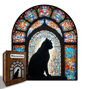 Wacocetoy Church Stained Glass Cat Puzzle Wooden Money Box, High Difficulty Adult Stress Relief, DIY Home Decor Gift