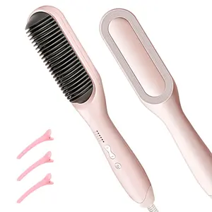 2-in-1 Hair Brush Straightener for Women - 5 Temperature Settings, Fast Heating Styling Brush with Dual Voltage (110-240V), Anti-Scald & Auto Shut Off - Perfect Travel Gift (Pink)