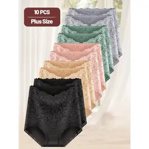 10 pieces of women's plus-size high-waisted seamless tummy control panties - lace-trimmed, medium stretch, comfortable for daily wear, elegant solid color, exquisite design, moderate elasticity, stylish and durable, exclusive for slim curves