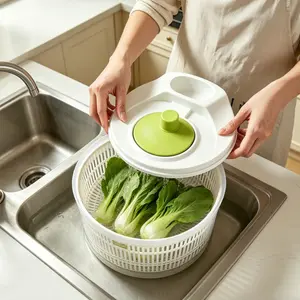 Salad dehydrator with non-slip base, space-saving design, suitable for small kitchens, daily meal preparation, and post-grocery processing of fruits and vegetables.