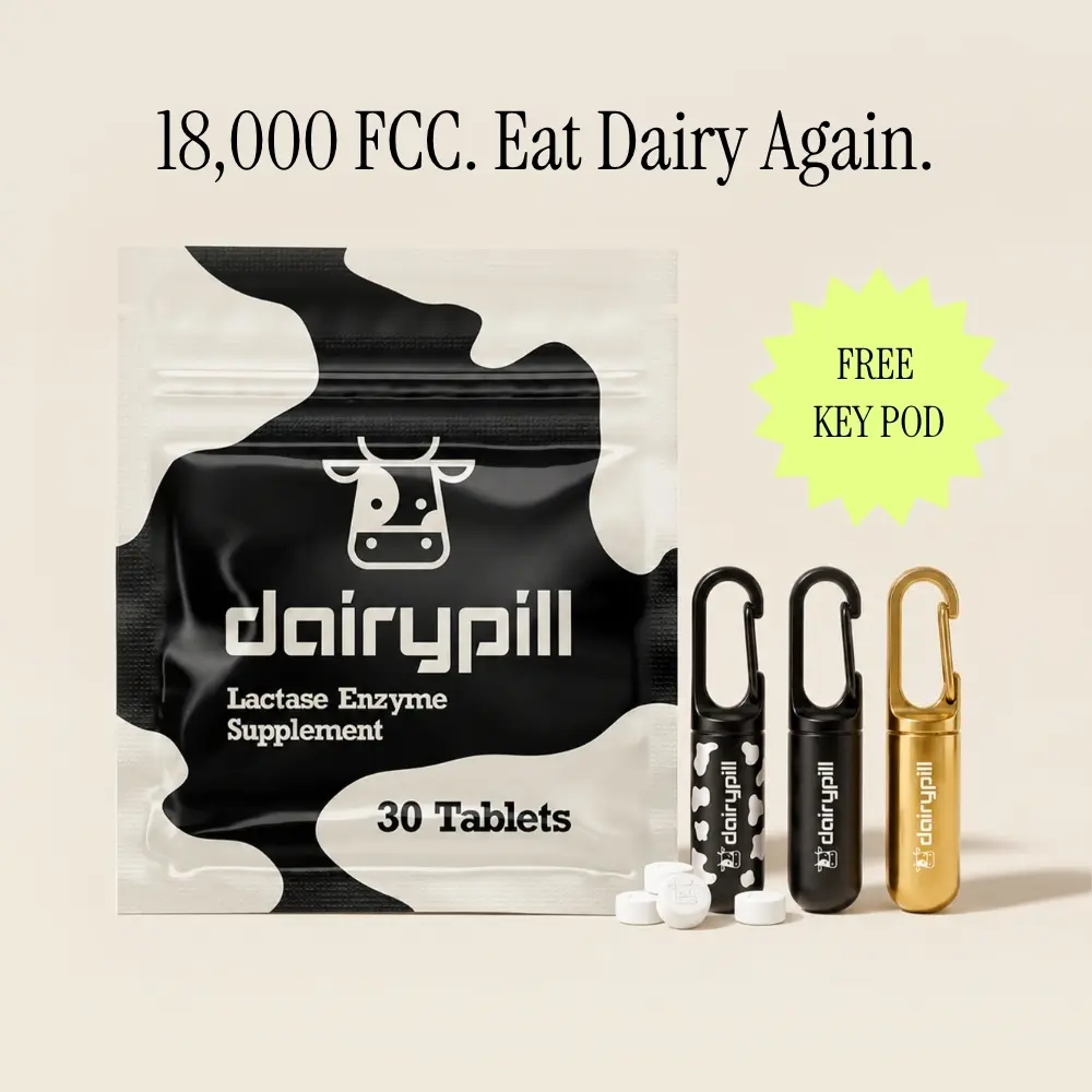 DairyPill Lactase Enzyme Pills, 18000 FCC Units, 30-Count, with Key Pod Keychain Case, Lactose Intolerance Relief Supplement