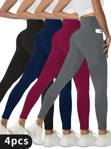 4PCS High Stretch Solid Color Yoga Pants, Women's Activewear With Pocket, Butt Lifting Sports Running Leggings