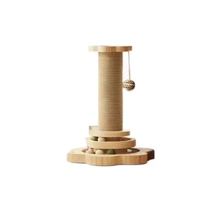 Cat Scratching Post Solid Wood Waterproofing Base Tall Cat Scratcher Tree Tower with Cat Toy and Interactive Ball