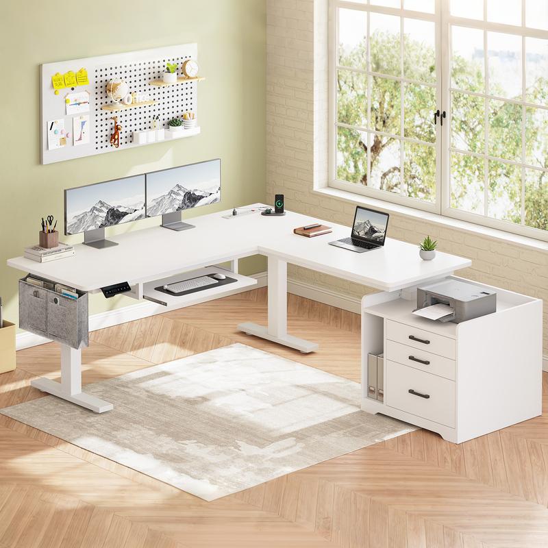 SEDETA 63 Inch Height Adjustable L Shaped Electric Standing Desk Computer Gaming Desk with Led Lights 3 Drawers Power Outlet