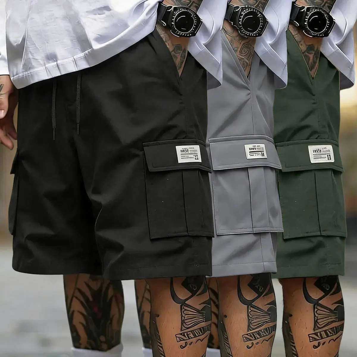 Men’s casual cargo shorts set (3 pieces) — loose fit with elastic drawstring waist, lightweight breathable fabric, multifunctional pockets suitable for summer sports and everyday wear, drawstring waistband.,father'sdaygifts