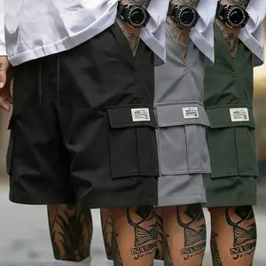 Men’s casual cargo shorts set (3 pieces) — loose fit with elastic drawstring waist, lightweight breathable fabric, multifunctional pockets suitable for summer sports and everyday wear, drawstring waistband.
