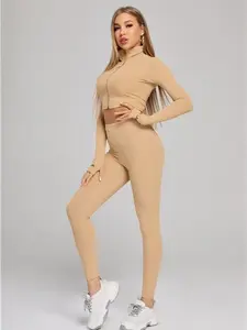 2-Piece Ribbed Lightweight Long Sleeve Zip-Up Crop Top with Thumb Holes & High-Waist Fitted Leggings Set