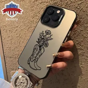 Phone Case for iPhone 15 16 14 Pro Max 13 12 11 XR XS Plus E Cowboy Boots Pattern Matte Military-Grade Drop Protection Silicone Cover Cellphone Protective