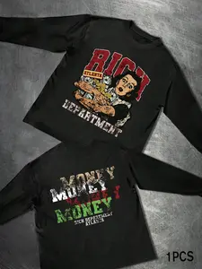 Men's Long Sleeve T-Shirt, Trendy Money Theme Graphic Print Design, Cotton Blend Fabric, Round Neck Loose Fit, Medium Length, Street Hip Hop Style, Streetwear, Menswear