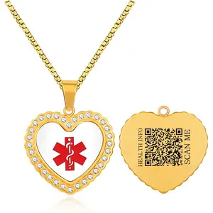 Smart Medical Alert Necklace for Women Dynamic QR Code Heart Pendant 18K Gold Plated Stainless Steel Emergency ID Jewelry with Red Medical Symbol, Scan to Update Health Info, No Engraving Required