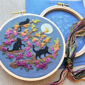 Black cats hand embroidery kit "Catwalk" with orange tabby option, embroidery pattern and supplies with online video tutorial
