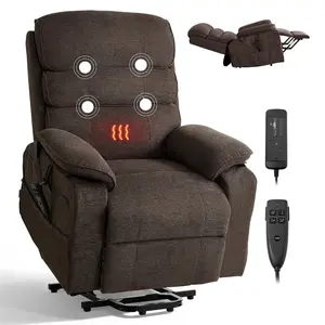 Power Lift Recliner Chair With Dual Motors, Heat And Massage, 3-Position Adjustable Recline, USB Remote, Side Pockets, Soft Chenille Upholstery In Brown, Ideal For Elderly, Living Room Lounger