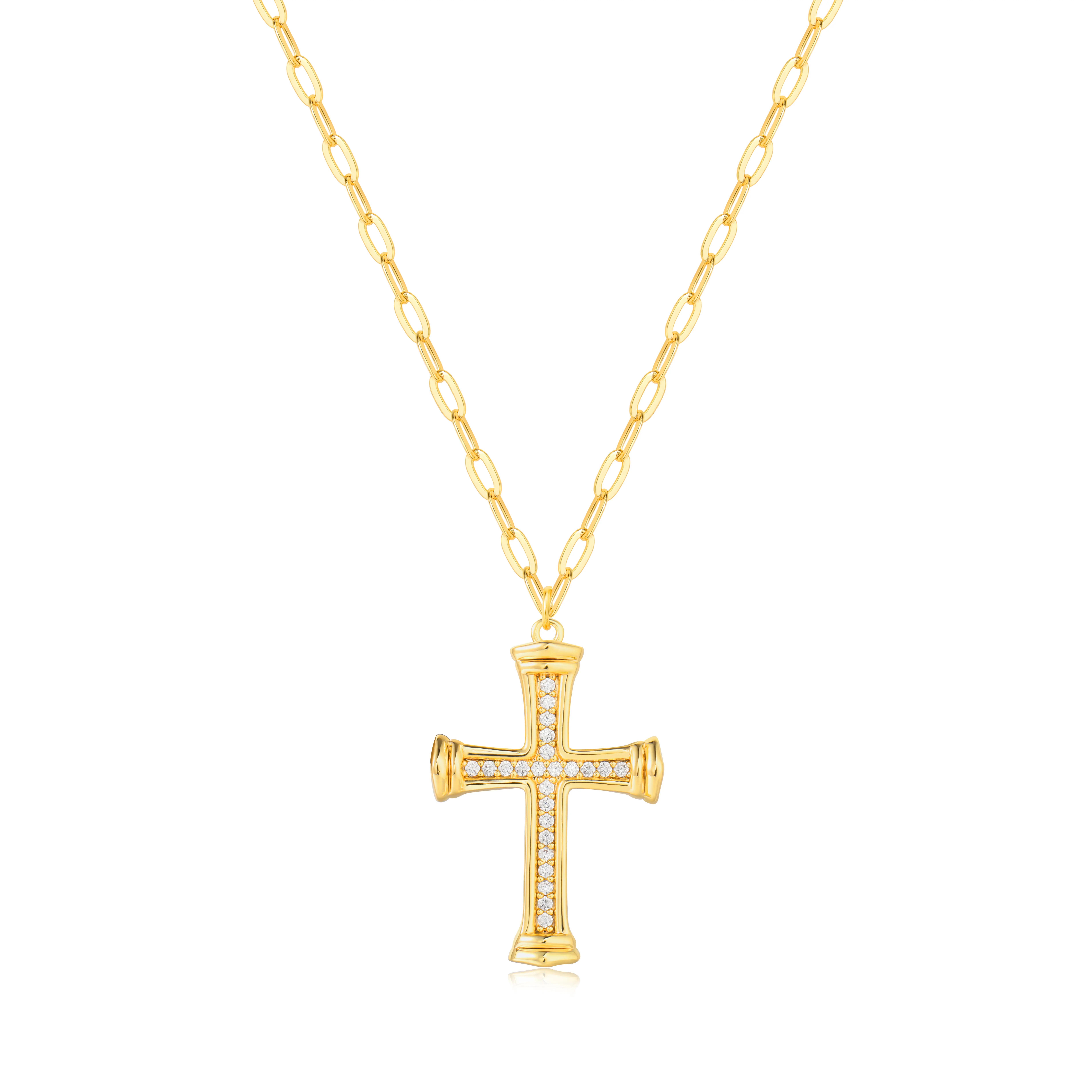 Fettero Dainty Cross Necklace for Women, Gold-Plated Christian Faith Jewelry with Pink Sapphire Gemstone Charm and Cubic Zirconia, Casual Wear