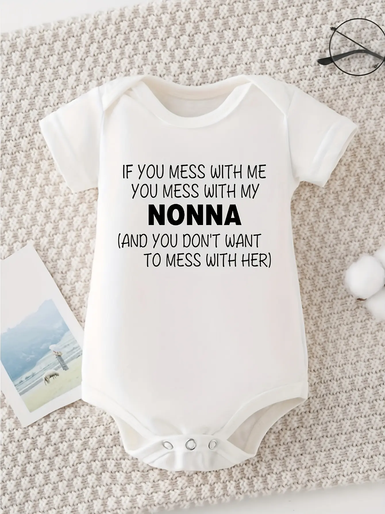 White Unisex Baby Short Sleeve Onesie, If You Mess With Me You Mess With My Nonna Funny Italian Grandma Bold Black Letter Infant Cotton Bodysuit