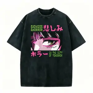 Edgy horror anime eye tee. Girl with one striking eye & Japanese-inspired text on washed black cotton. Perfect for cyberpunk & horror fans. Soft oversized fit—grab this eerie vibe now! summer outfits