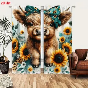 2D Flat Highland Cow Calf Teal Bow with Paw Print Pattern Window Curtain Set 2 Panels, Home Decoration Curtain, Vibrant Sunflowers on Light Blue Background, Whimsical Animal Themed Decor for Bedroom Living Room, Window Decorations Supplies