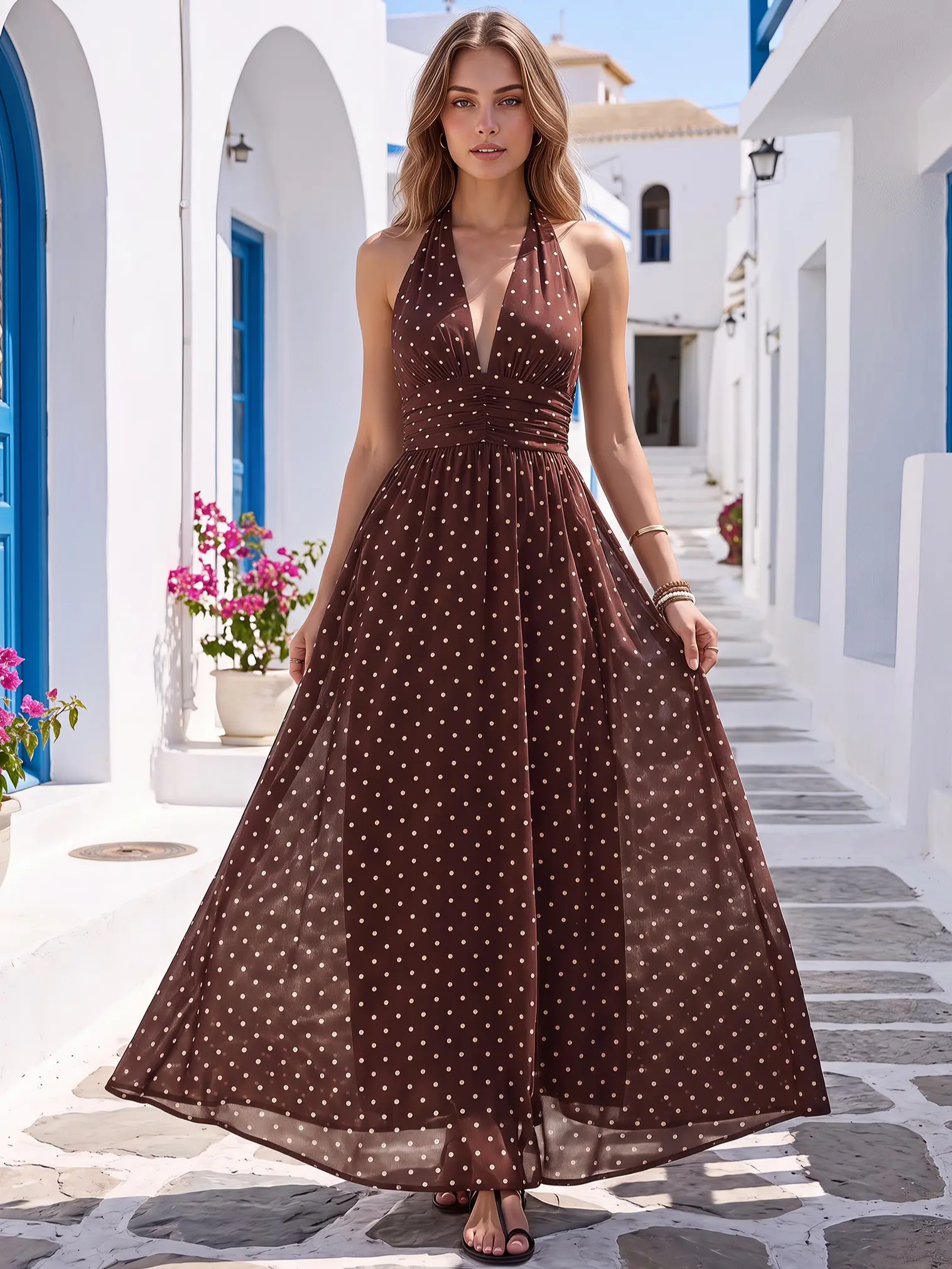Women's Coffee Brown High-Waist Polka Dot Maxi Dress - Smooth, Adjustable, Fitted, Lightweight, V-Neck, Sleeveless, Backless, Halter Straps, Vintage, Sexy, Elegant, Casual for Summer Vacation, Beach, sundress