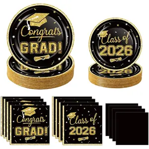 2026 Graduation Party Supplies Tableware Set 200 Pcs Black Gold Graduation Plates and Napkins Class of 2026 Disposable Dinnerware for College High School Congrats Graduation Party Favors Serve 50
