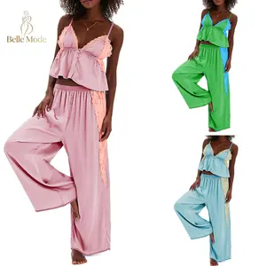 Women's Pajama Sets Lace Patchwork Spaghetti Strap Ruffled Cami Tops with Loose Pants 2Pcs Soft Sleepwear