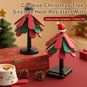 Christmas Tree Silicone Trivet Set with Foldable Storage Stand - 18cm Large, 10mm Thick Heat-Resistant Tableware, Non-Slip Coasters, Food-Safe Silicone Pot Holders for Kitchen Table