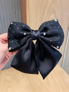 Elegant Pearl Sheen Fabric Hair Clip with Sparkling Rhinestones, Sweet Princess Hair Accessory, Butterfly Knot Design, Single Piece Set