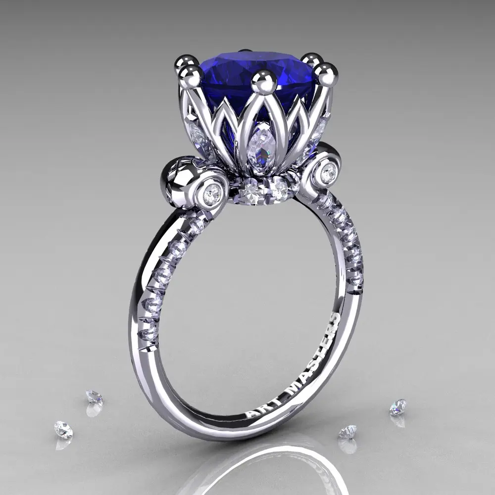Art Masters Classic 925 Sterling Silver 3.0 Ct Lab Created Blue Sapphire Diamond Cinderella Ring Y935-925SSDBS