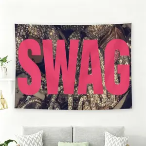 Pink Bold SWAG Typography with Bling Background Wall Flag, Y2K Aesthetic Tapestry, Glam Cool Room Decor