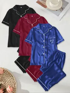 Spring Summer New Women's Lapel Sleepwear Set Loungewear, Embroidered Heart Satin Fabric, Comfortable Skin-Friendly, Indoor Outdoor Wear, Casual Home Clothes
