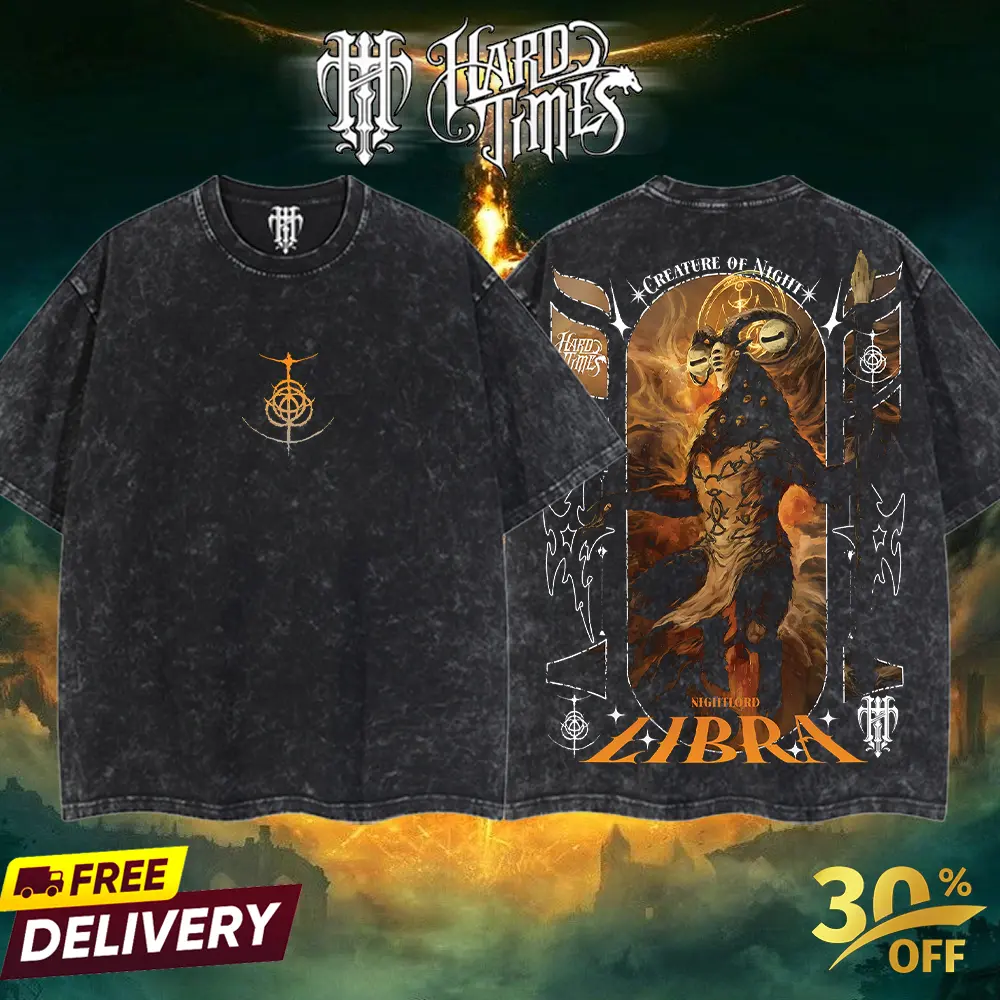 Unisex Oversize Acid Washed Heavyweight Cotton T-shirt, HardTimesClothing Libra Nightlord Elden Ring Boss Nightreign Retro Vintage Y2K Vibes, Anime Manga Merch, Gift For Anime Fans, Menswear Tops Classic Oversized