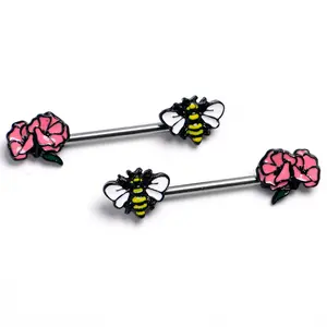 14G 9/16 Busy Bee Flower Barbell Nipple Ring Set