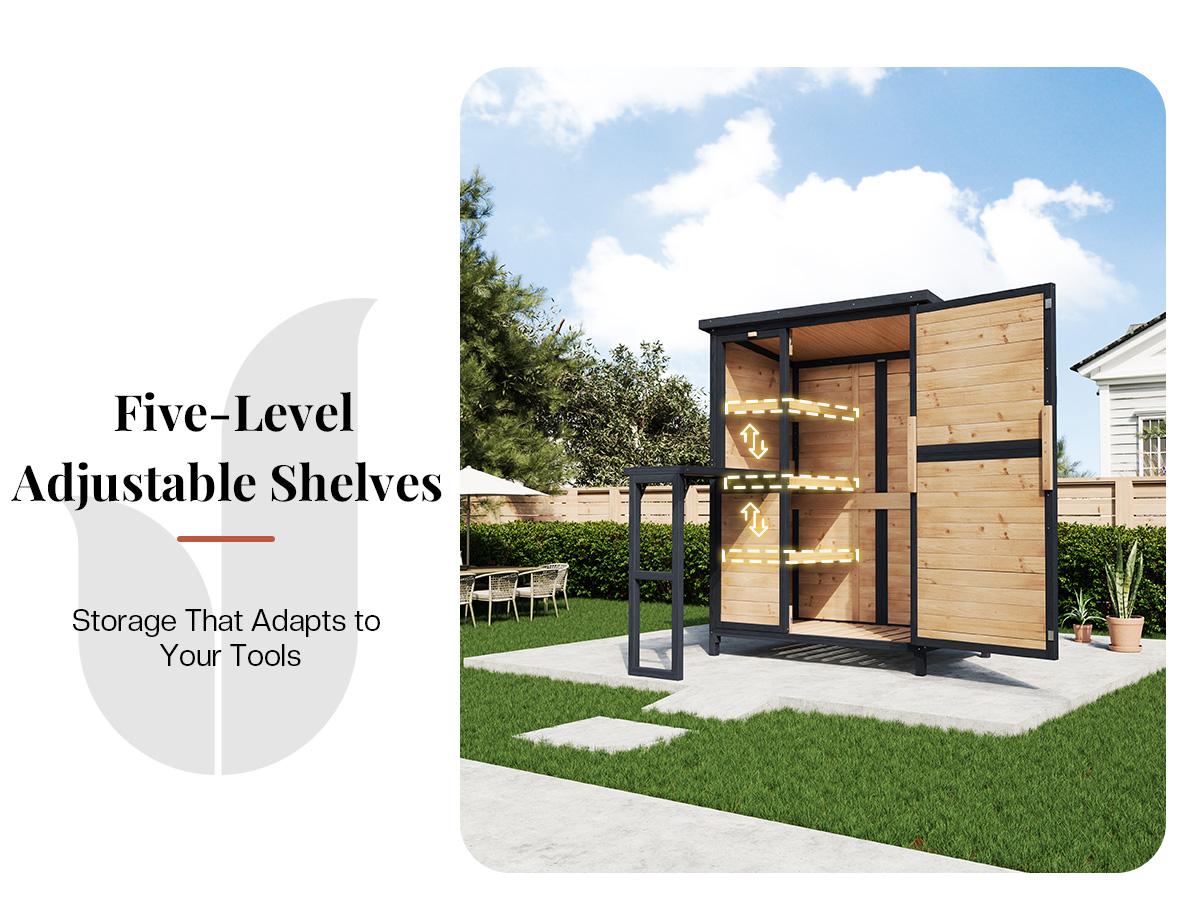 AMERLIFE Solid Fir Wood Outdoor Storage Shed, Garden Tool Shed with Foldable Workbench, Adjustable Shelves, Sloping Roof, Weatherproof Utility Cabinet for Backyard, Patio, Lawn, Poolside