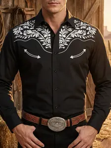 Western Cowboy Print Men's Long Sleeve Shirt, Vintage Western Style, Slim Fit, Casual All-Season Top, Motorcycle Vacation