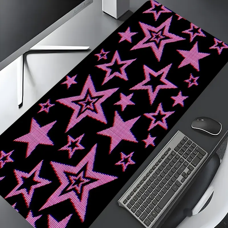 Y2K Pixel Pink Star Design Extra Large Gaming Mouse Pad,Aesthetic Desktop Drotection Pad,Washable Rubber Pad Non-Slip Lock Edge Multi-Size Mouse Pad Suitable For Home Office,Desktop Accessory,Desk Accessories,Good Gift for Family and friends
