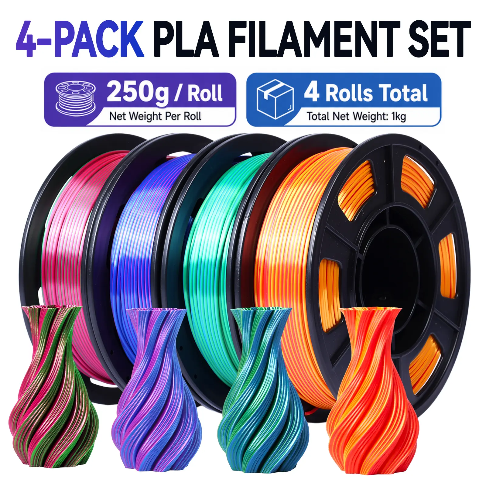 Epelay 3D Printer Filament Galaxy Glitter PLA 1.75mm 4 x 250g Spools for FDM Printers Chameleon Color Shift with Light Burnt Titanium Nebula Purple Glitter Galaxy Rainbow,summerwins
